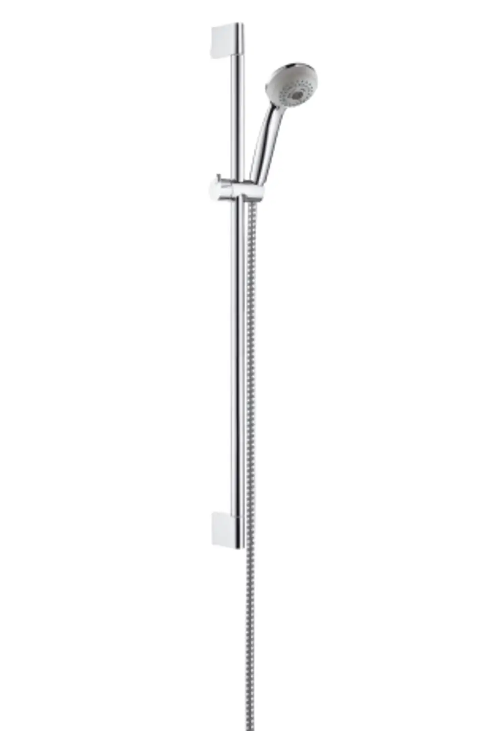 Hansgrohe Brauseset mit einer vertikalen Brausestange und einem Handbrausekopf. Die gesamte Konstruktion ist in Chromoptik gehalten.